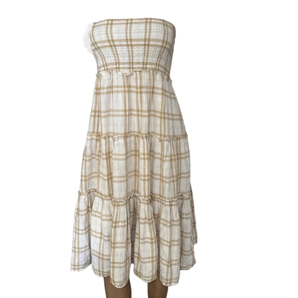 American Eagle M Smocked Linen Blend Dress White Tan Beige Plaid Ruffle …